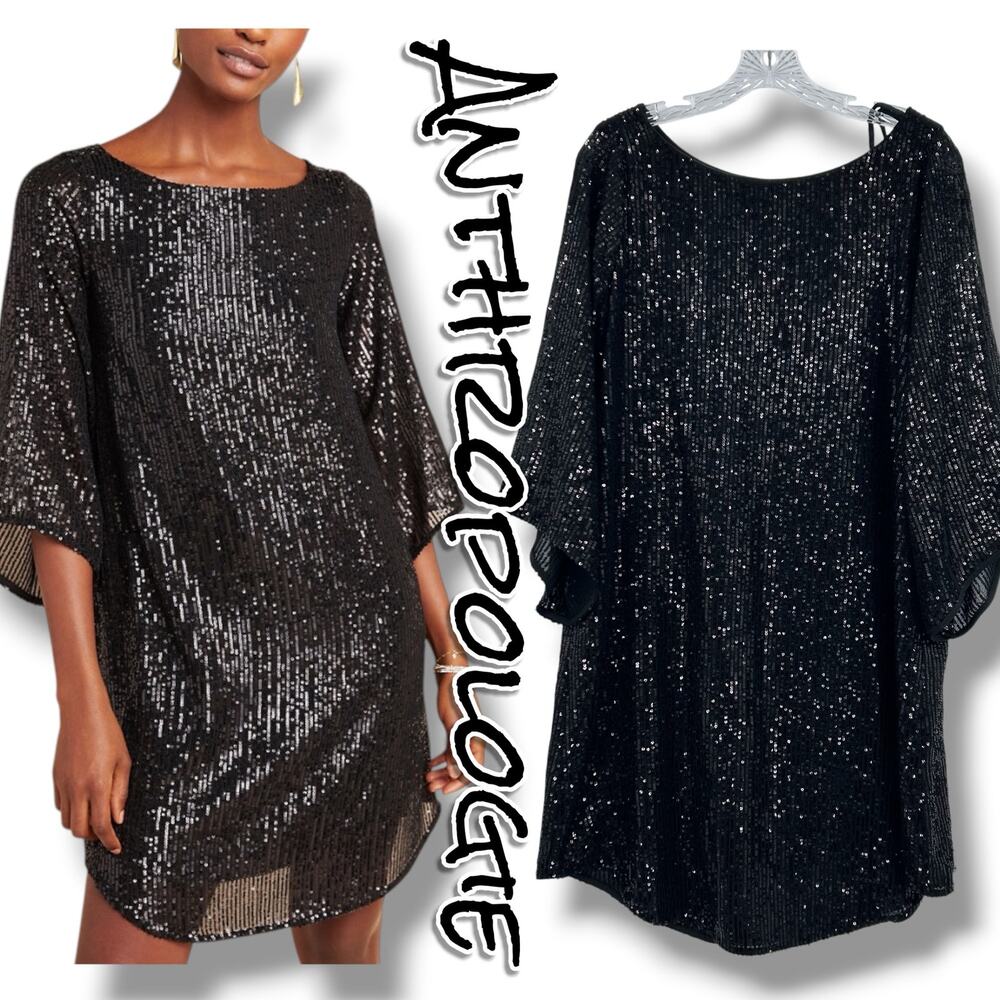 Anthropologie Black Sequin Shift Dress Small Kimono Sleeve Party Cocktail Mini